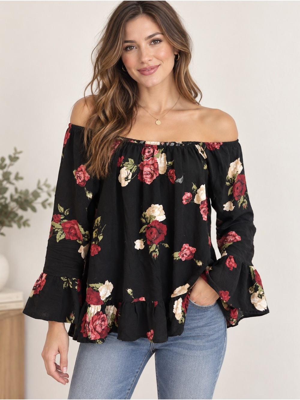 Altar'd State Black Off-Shoulder Floral Blouse Red & Cream Roses Cottagecore S